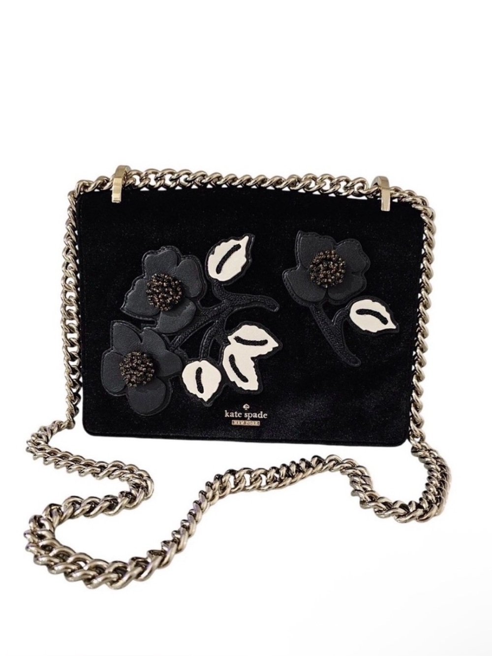 kate spade Black Velvet Floral Appliqué Chain Crossbody